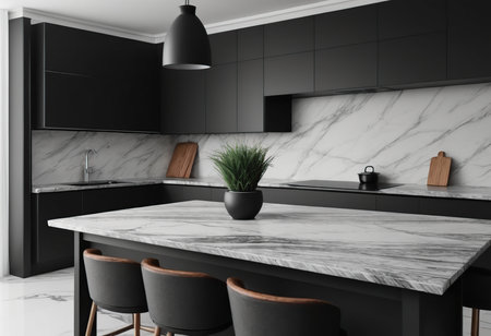 3d render of black and white modern kitchen with marble countertopの素材