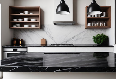 3d render of modern kitchen interior with black marble and white marbleの素材