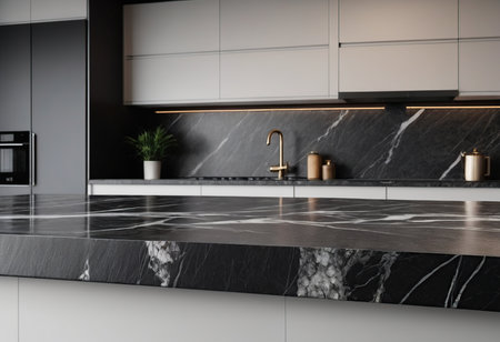 Close up of black marble countertop in modern kitchen with black and white marble tiles. 3d renderingの素材