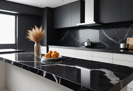 Luxury black and white modern kitchen with marble countertop, island, built in sink and cooker. 3d renderingの素材