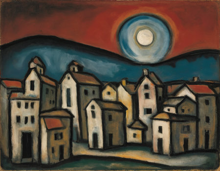 Hand drawing of a village with houses on the hillside, with moon in the backgroundの素材