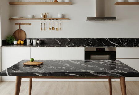 Kitchen interior with black granite countertop and kitchenware. 3d renderの素材