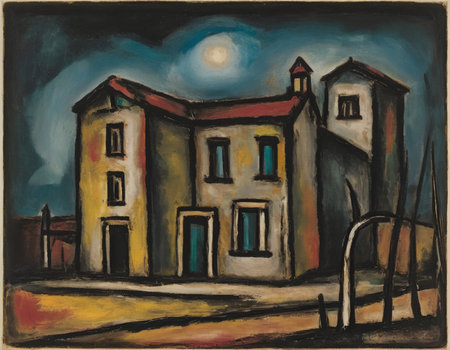 Hand drawn illustration of a house on the street in the evening.の素材