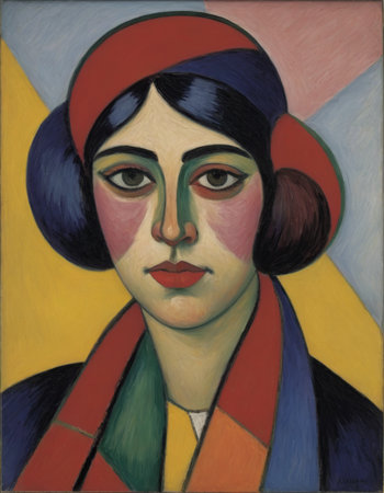 Portrait of a young woman painted in oil on a canvas.の素材