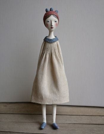Ceramic doll on a wooden floor against a white wall.の素材