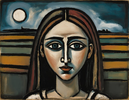 Artistic oil painting of a woman's face on a wall.の素材