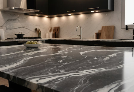 Modern kitchen interior with marble countertop and sink, closeup viewの素材