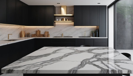 3d render of black and white modern kitchen with marble countertopの素材