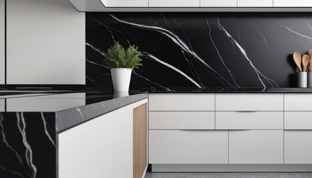 Corner of modern kitchen with white and black marble walls, concrete floor, white countertops with built in sink and cooker. 3d renderingの素材