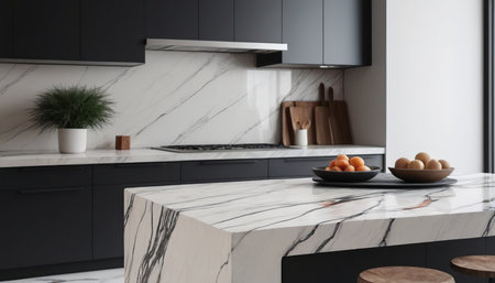White marble countertop in modern kitchen with black and white marble countertops, built in sink and cooker. 3d renderingの素材