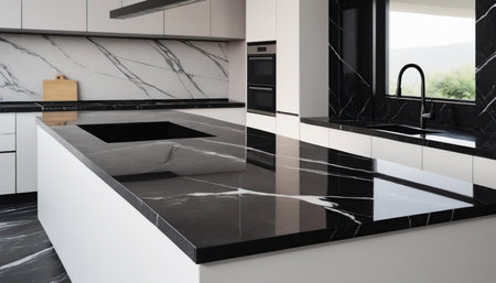 interior of modern kitchen with black marble and white marble countertopsの素材