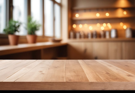 Empty wooden table and blurred background of cafe or restaurant. For product displayの素材