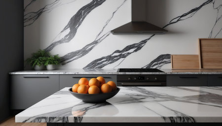 Modern kitchen interior with white marble countertop and black cupboard. 3d renderの素材