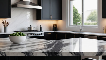 Close up of black marble countertop in modern kitchen. 3d renderingの素材