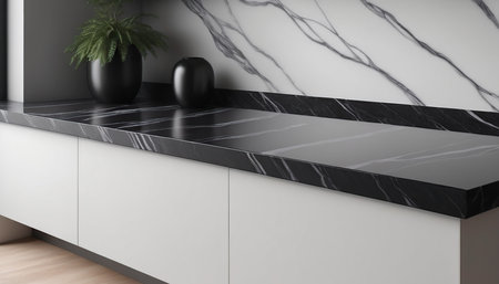 3d render of modern kitchen with black and white marble countertopsの素材