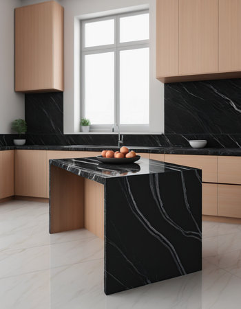 3d rendering of modern kitchen with black marble and wooden countertopの素材