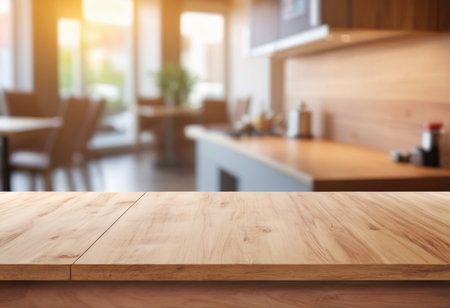 Empty wooden table and blurred background of modern kitchen. For product displayの素材