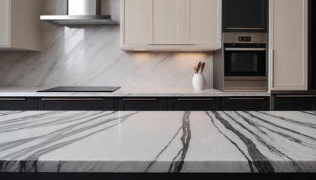 3d render of modern kitchen interior design with black marble countertopの素材