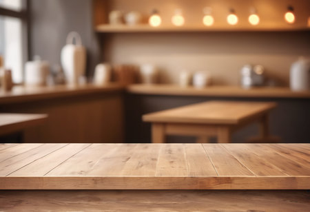 Empty wooden table and blurred interior of cafe. Mock up for designの素材