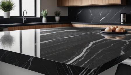 3d render of black marble countertop in modern kitchen with black marble tile.の素材