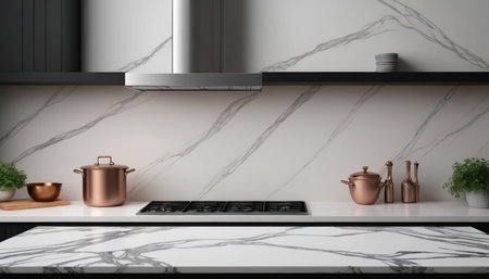 3d render of modern kitchen with white marble countertop and built in cookerの素材