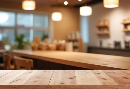 Empty wooden table and blurred cafe interior background, product display montageの素材