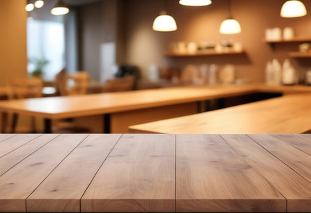 Selected focus empty brown wooden table and Coffee shop blur background with bokeh image. for your photomontage or product displayの素材