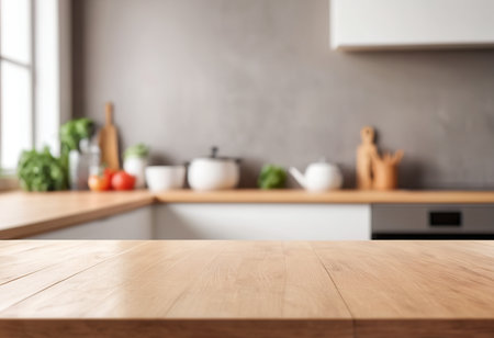 Empty wooden table and blurred kitchen interior background, product display montageの素材