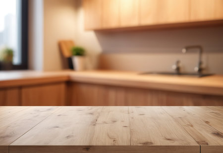 Empty wooden table and blurred kitchen interior background, product display montageの素材