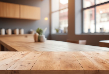 Empty wooden table in front of blurred cafe background, product display montageの素材