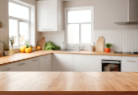 Empty wooden table and blurred kitchen interior background, product display montageの素材