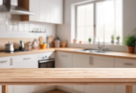 Wooden Table Top And Blur Background In The Kitchen Of The Backgroundの素材