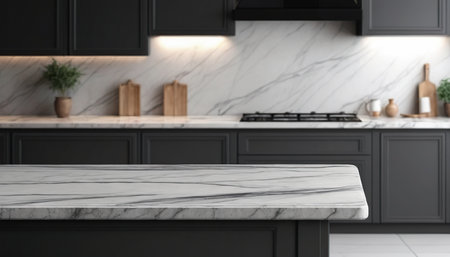 Close up of white marble countertop in modern kitchen interior. Mock up, 3D Renderingの素材