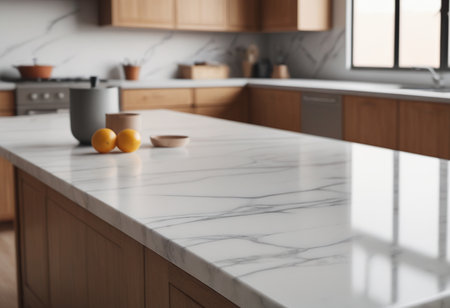 Kitchen interior with marble countertop, cup of coffee and orangesの素材