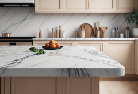 Close up of white marble countertop in modern kitchen with built in sink and cookerの素材