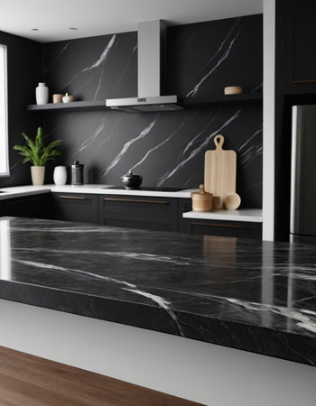 Black marble countertop in modern kitchen. 3d rendering, mock upの素材