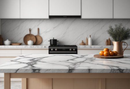 Close up of white marble countertop in modern kitchen interior. 3d renderingの素材