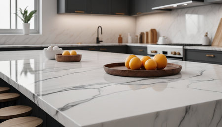 Close up of white marble countertop in modern kitchen interior. 3D Renderingの素材