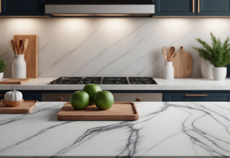 Wooden board with green applesle countertop in modern kitchenの素材