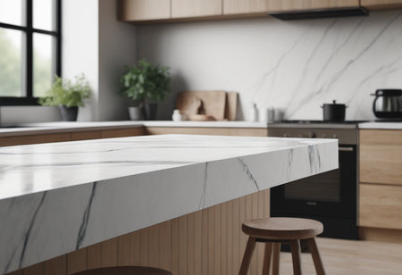 White marble countertop in modern kitchen. 3d rendering mock upの素材
