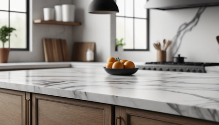 Close up of white marble countertop in modern kitchen with gray wallsの素材