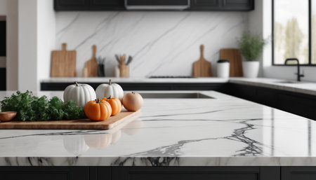 White marble countertop in modern kitchen interior with pumpkins and vegetablesの素材