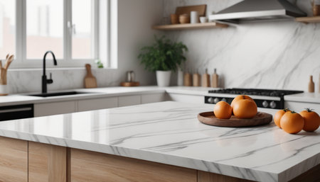 Modern kitchen interior with white marble countertop and orange fruits. 3d renderingの素材
