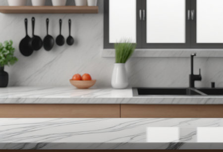 Close up of white marble countertop in modern kitchen with black and white cupboards. 3d renderingの素材