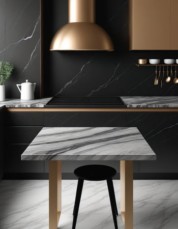 Black kitchen interior with a marble countertop and a black chair. 3d rendering mock upの素材