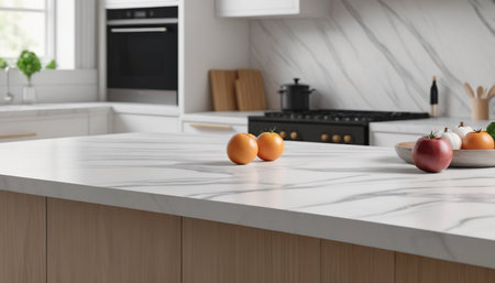 White marble countertop in modern kitchen interior, closeup. 3d renderingの素材