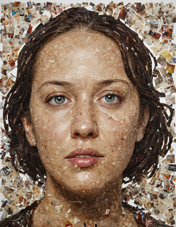 Portrait of a young woman combined with a collage of photosの素材
