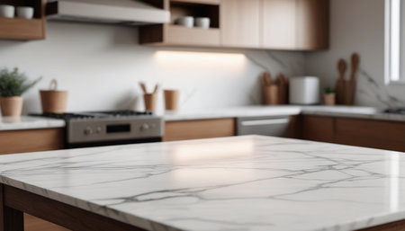 Close up of white marble table in modern kitchen. Blurred backgroundの素材