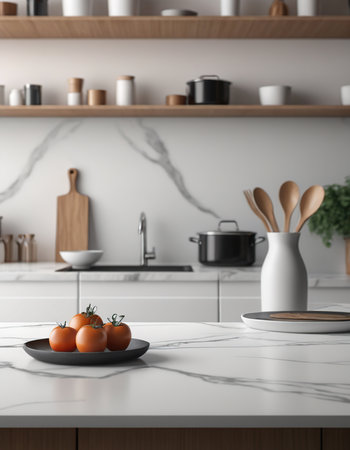 Plate with ripe tomatoes countertop in modern kitchen interiorの素材