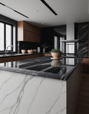 Interior of modern kitchen with black and white marble, 3d renderの素材